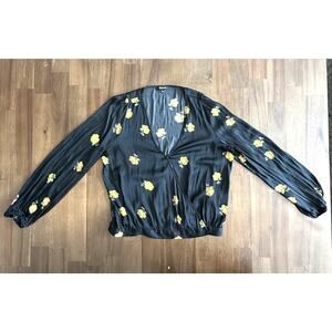 Madewell Blouse Womens Medium Black Floral V Neck Balloon Sleeve Button HO18